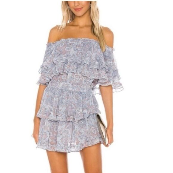 MISA Dress Light Blue Grey Off Shoulder - Picture 1 of 5